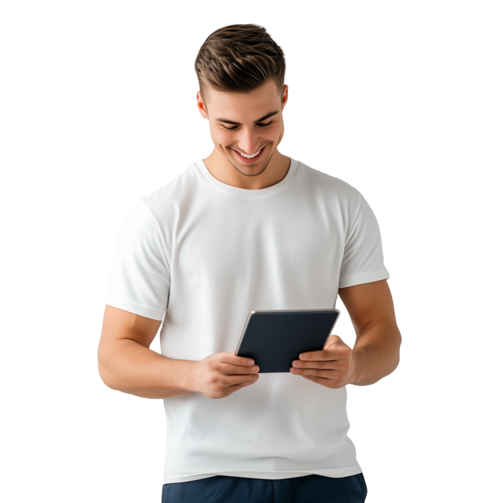 A man in a white t - shirt is holding a tablet png