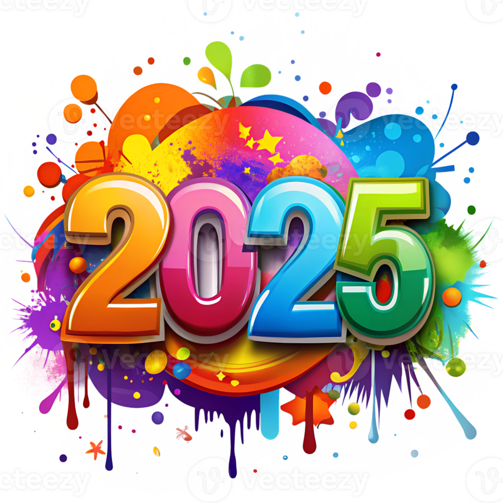 Colorful New Year 2025 transparent image with Bold Lettering and Splashes png