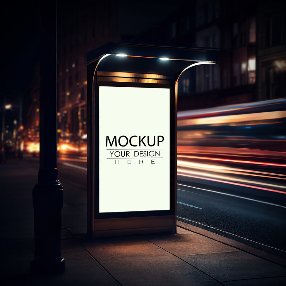 advertisement at a bus stop Mockup on a city street at night, psd