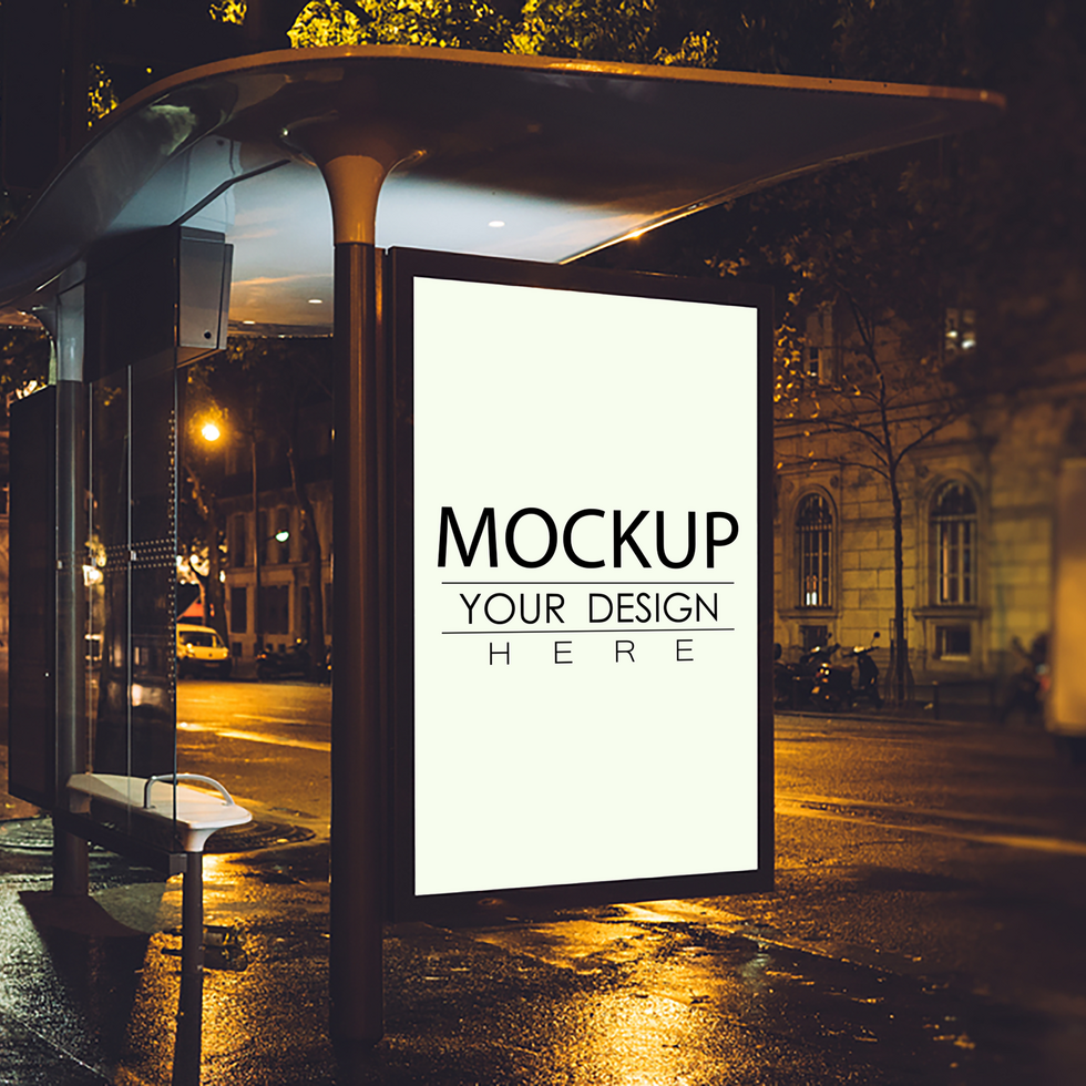 Mock up of light box on the bus stop At Night psd