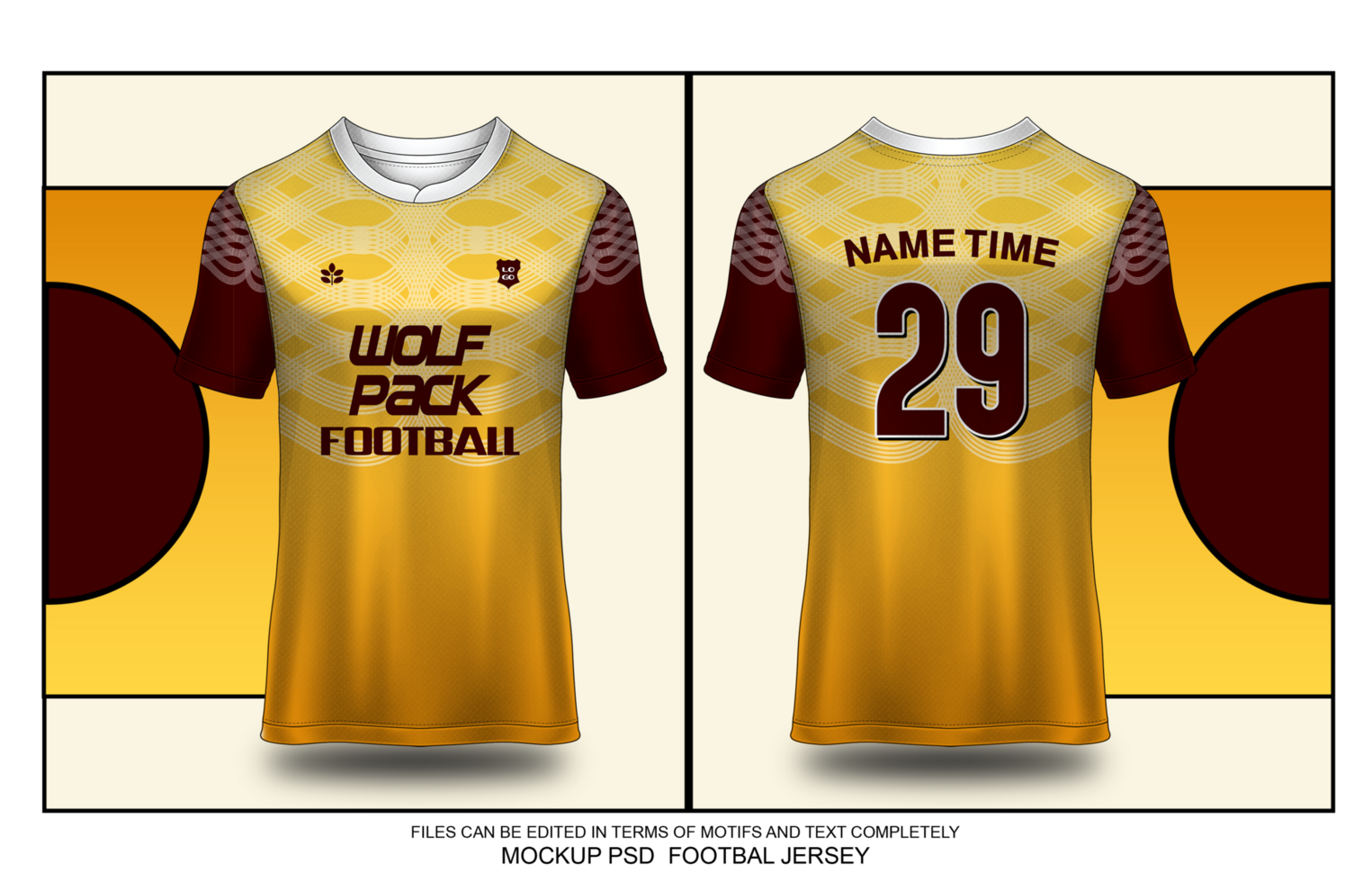 yellow and maroon soccer jersey mockup template with white striped pattern psd