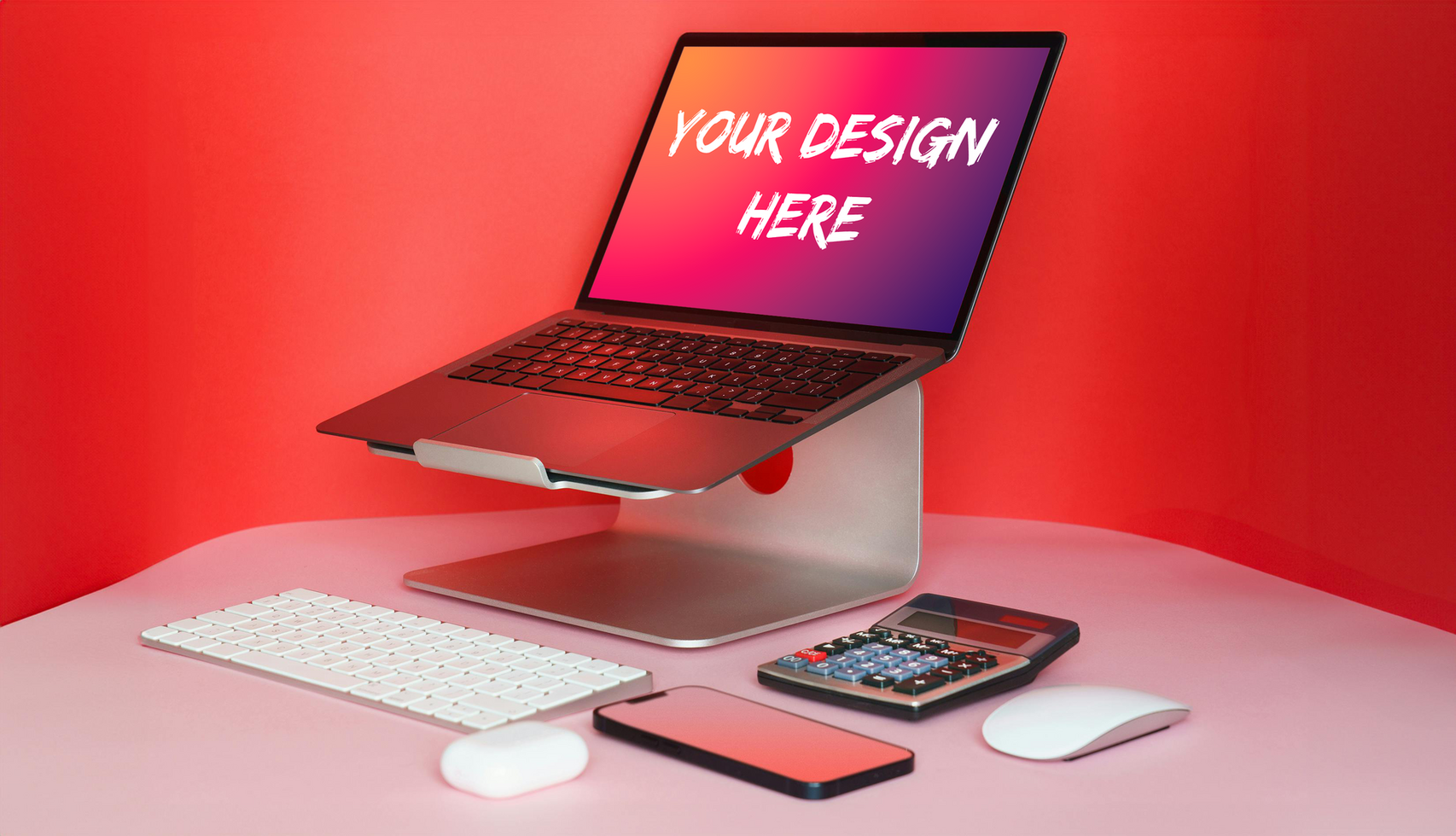 red background laptop mockup psd