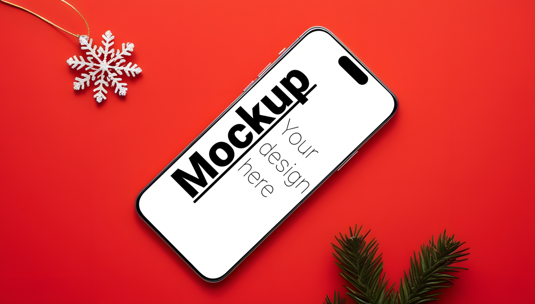 Smartphone Mockup with Holiday Decor on Red Backdrop psd