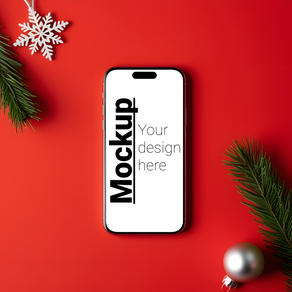 Smartphone Mockup with Holiday Elements on Red Background psd