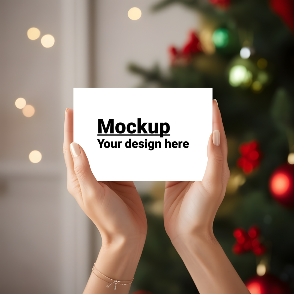 Mockup of a Holiday Card in Hand Against Christmas Decor psd