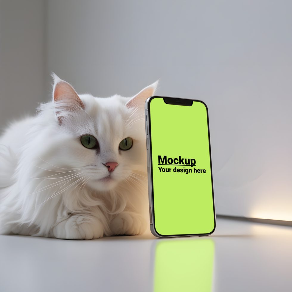 White Cat with Smartphone Mockup on Minimalistic Background psd