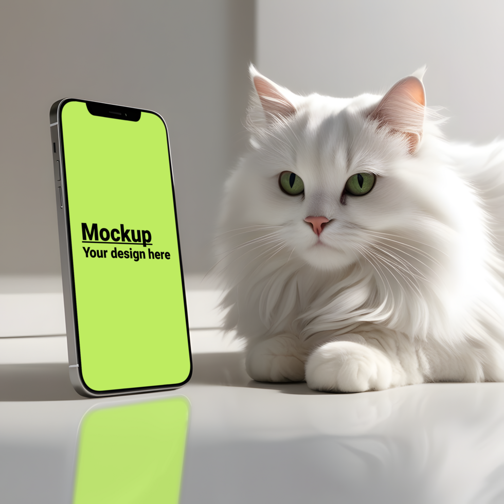 Elegant smartphone mockup next to a white cat on a minimalistic background psd
