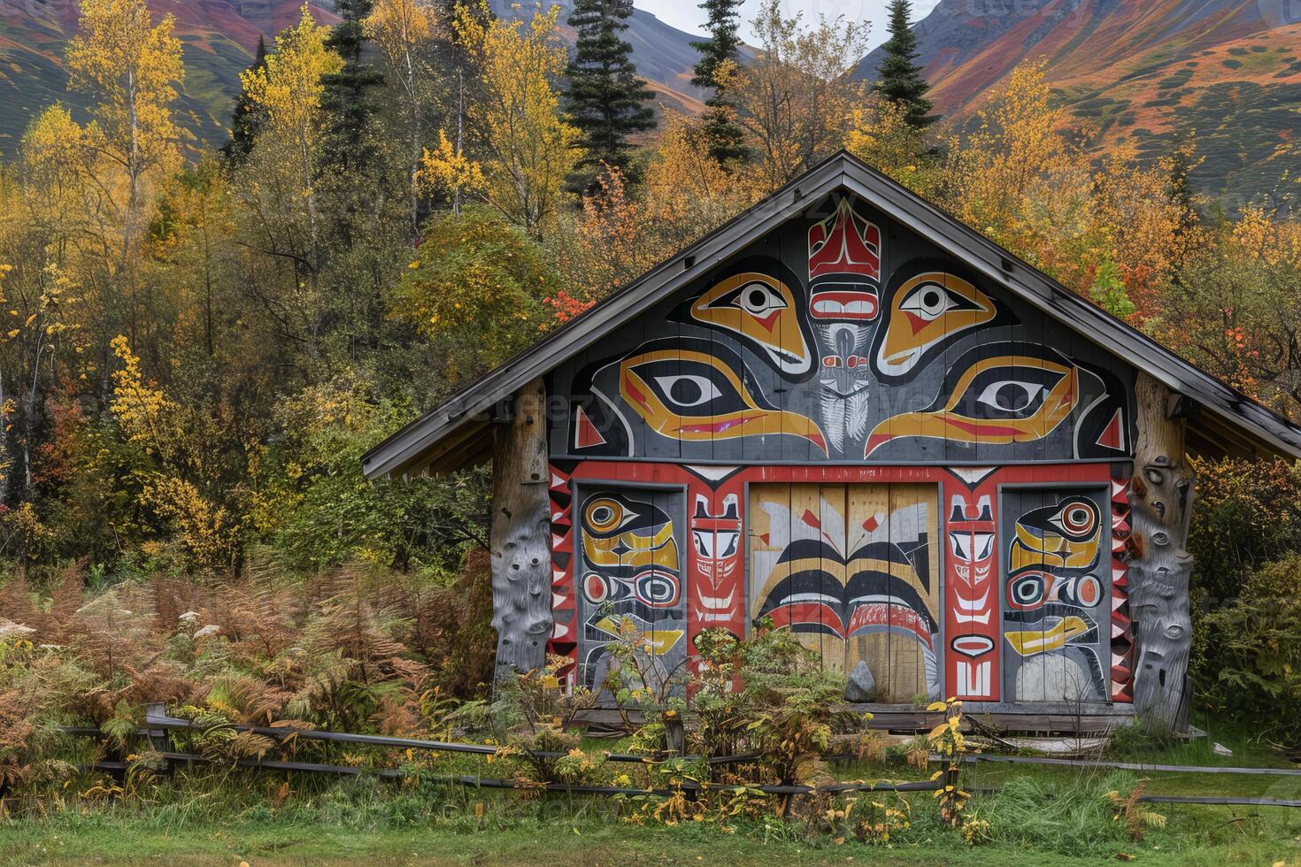Traditional colorful first nations log cabin nestled in the wilderness photo