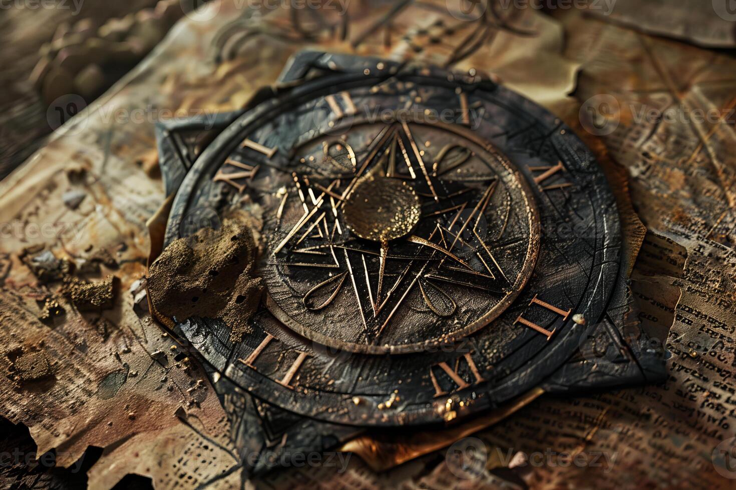 Ancient pentacle symbol on wooden plate resting on old parchment manuscripts photo