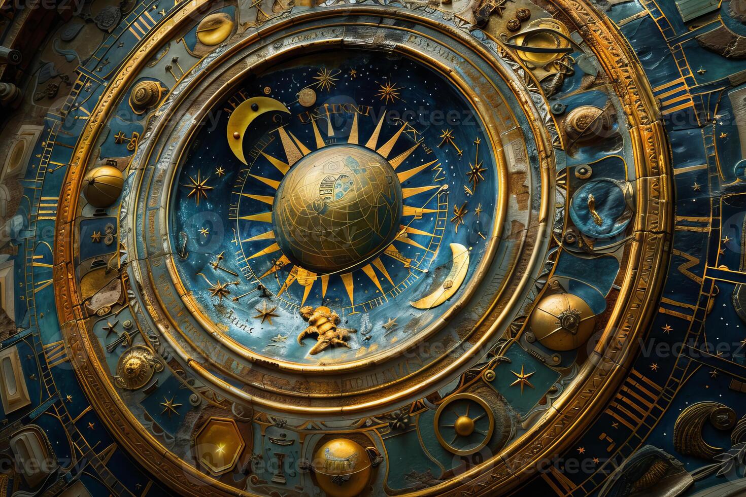 Intricate antique astronomical clock showing the earth and celestial bodies photo
