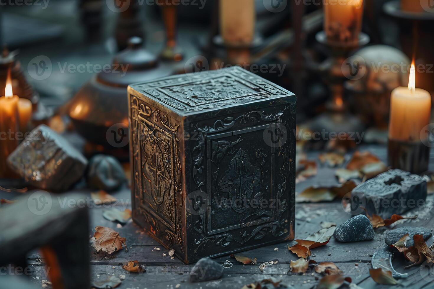 Ancient chest resting on table surrounded by candles and ritualistic items photo