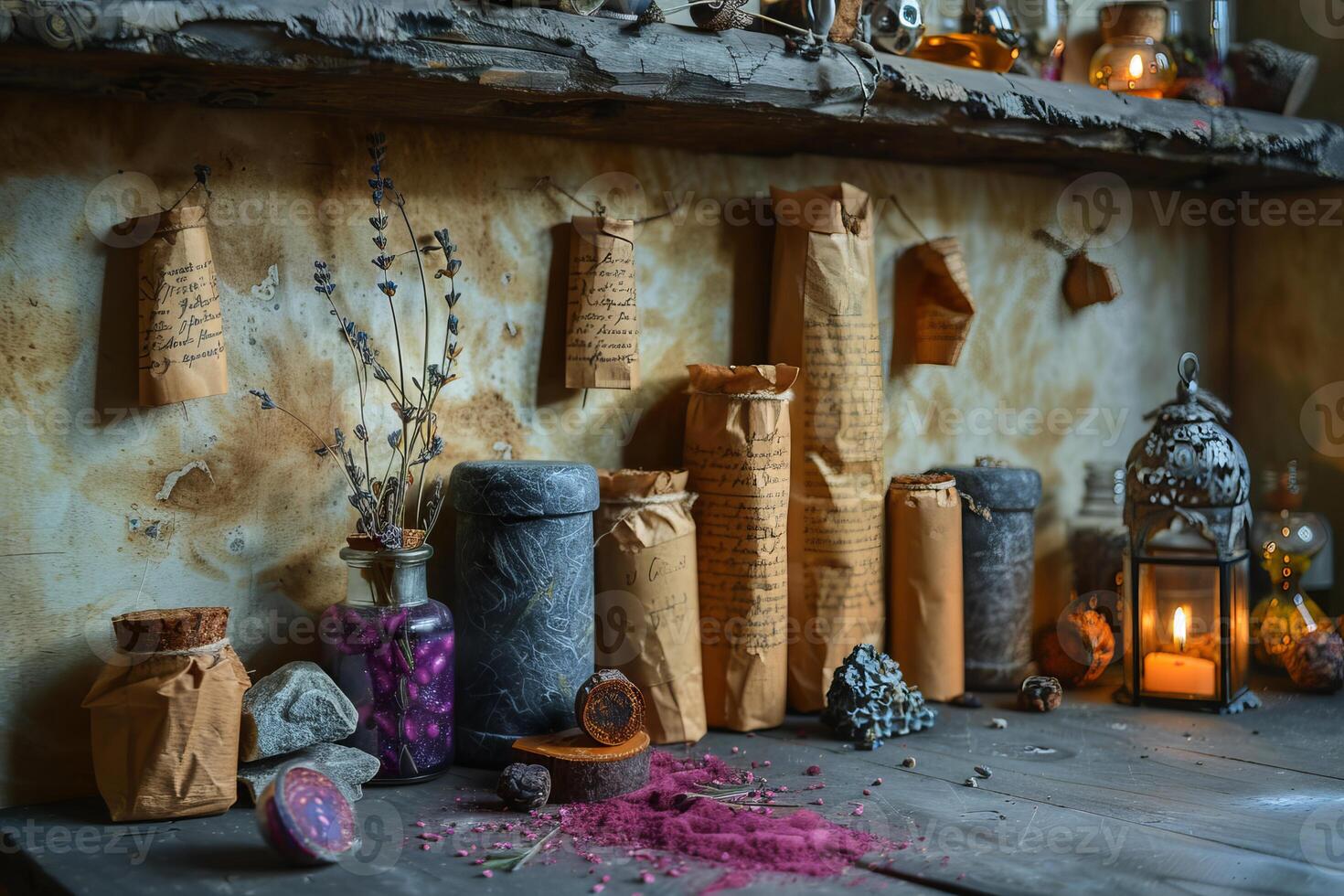 Ancient alchemist workshop filled with herbs, ingredients and magic potions photo