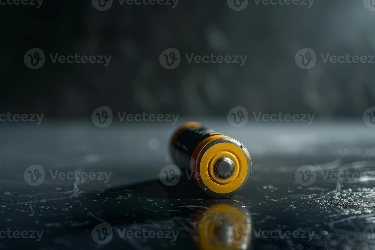 Single aa battery lying on dark surface reflecting photo