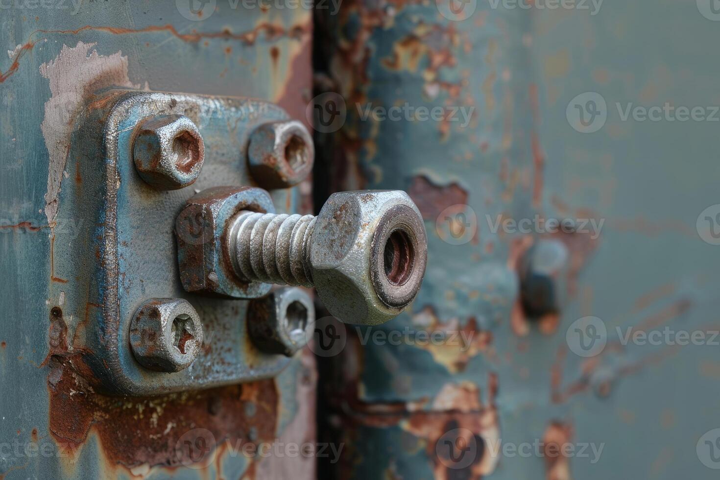 Rusty locking bolt securing metal plate on old weathered door photo