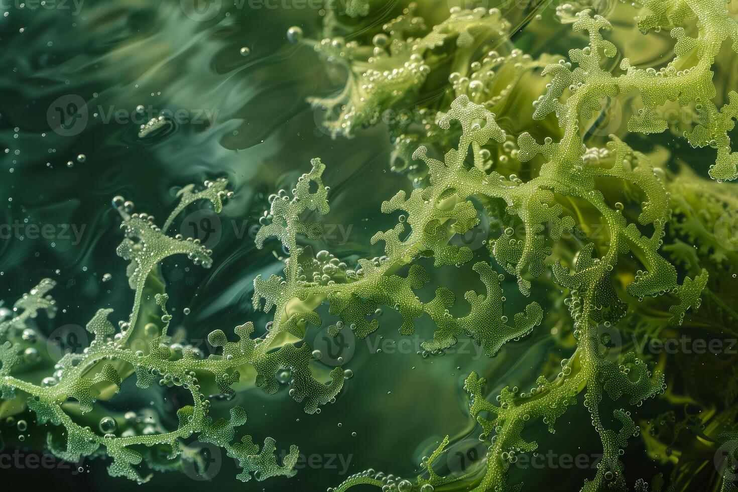 Green seaweed floating in water with tiny bubbles forming on surface photo