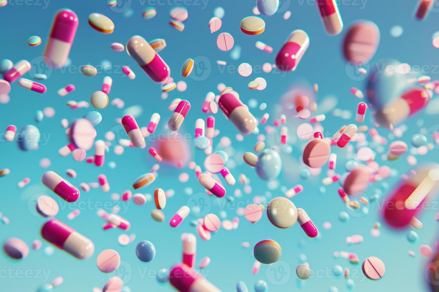 Colorful pills and capsules falling through a blue sky photo