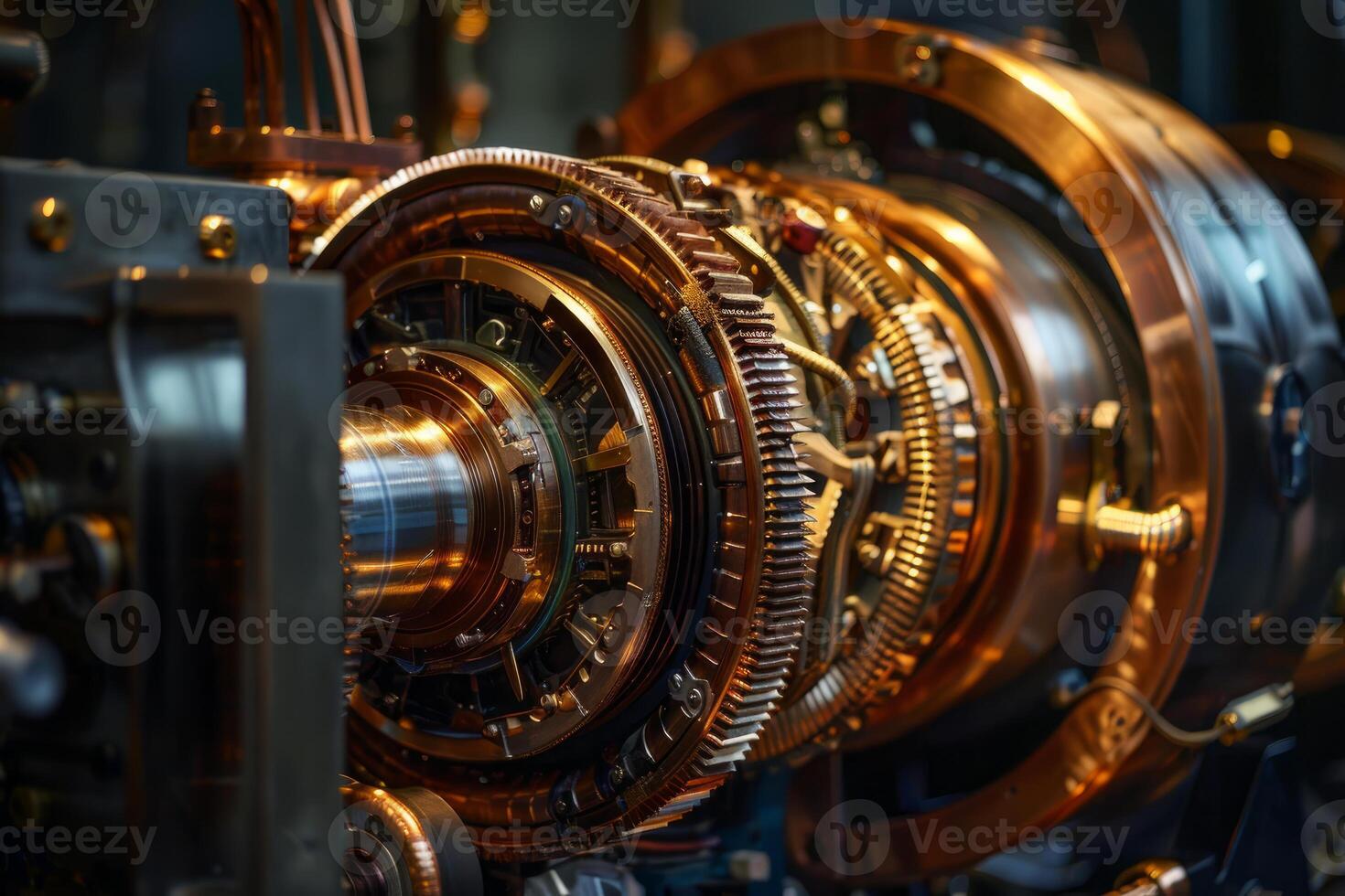 Complex mechanism of shiny copper gears inside industrial machine working photo