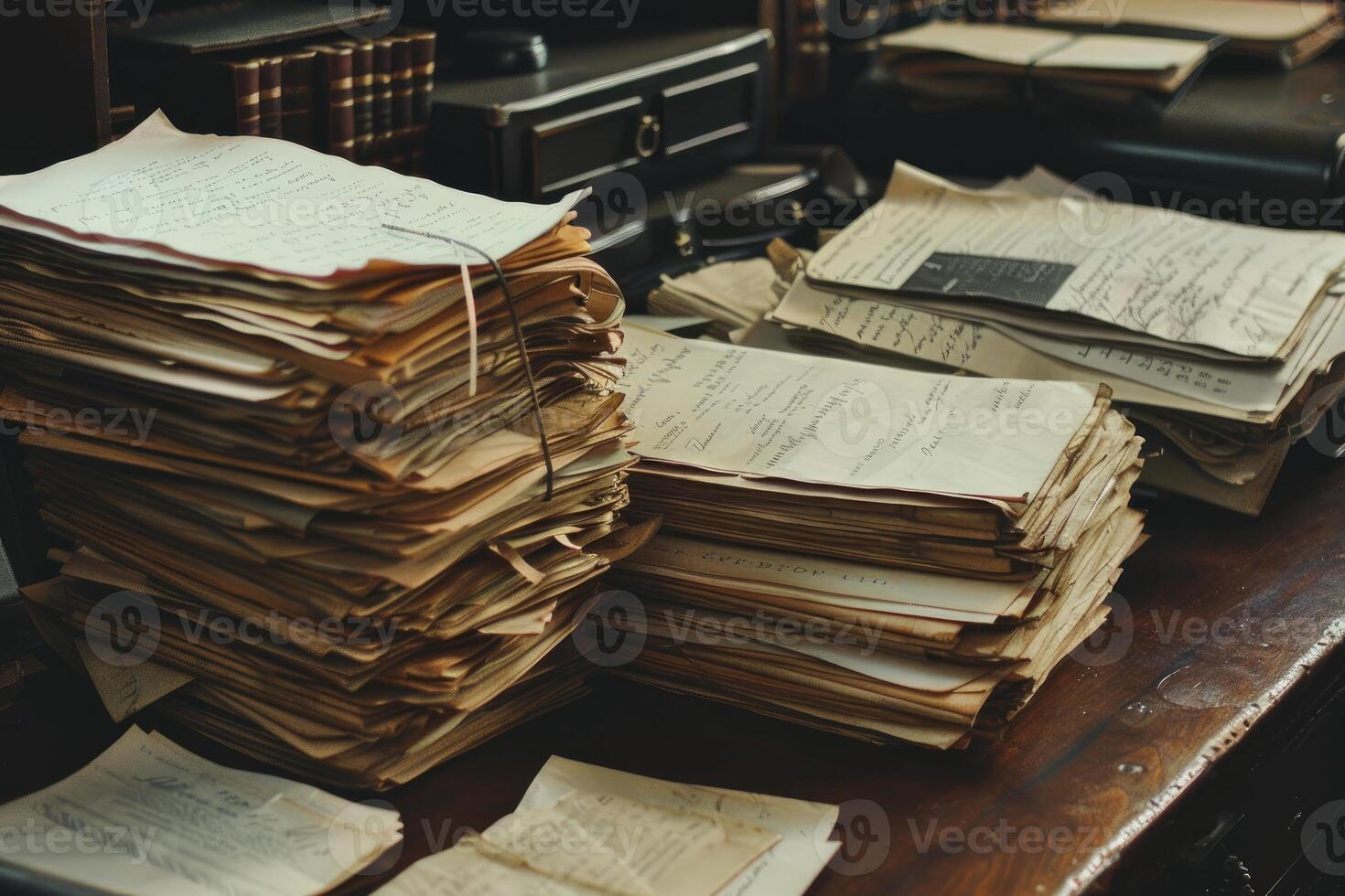 Stack of old paper documents forming a big pile in the archive photo