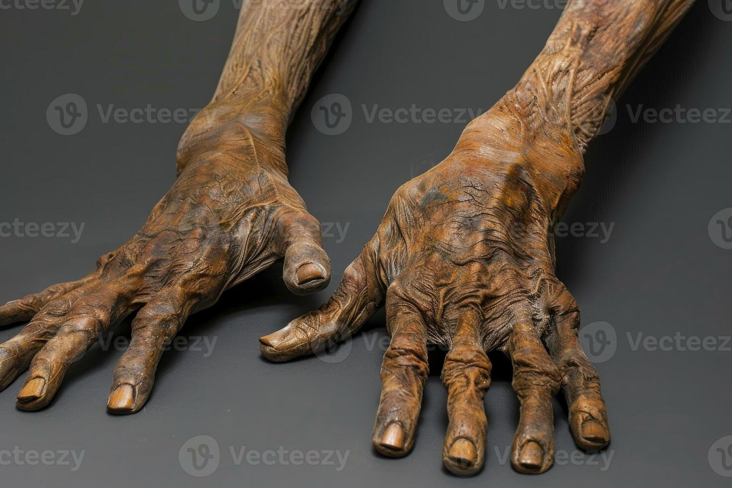 Pair of old weathered hands resting on a dark background photo