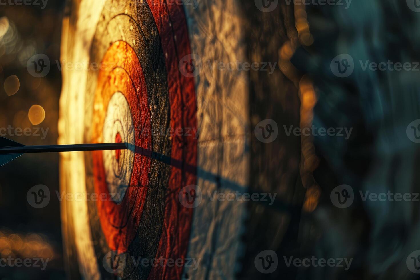 Arrow hitting directly in the center of archery target photo