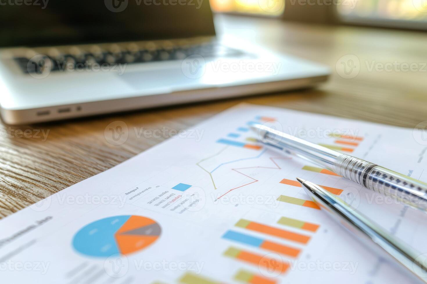 Businessman analyzing financial charts and graphs on a desk photo