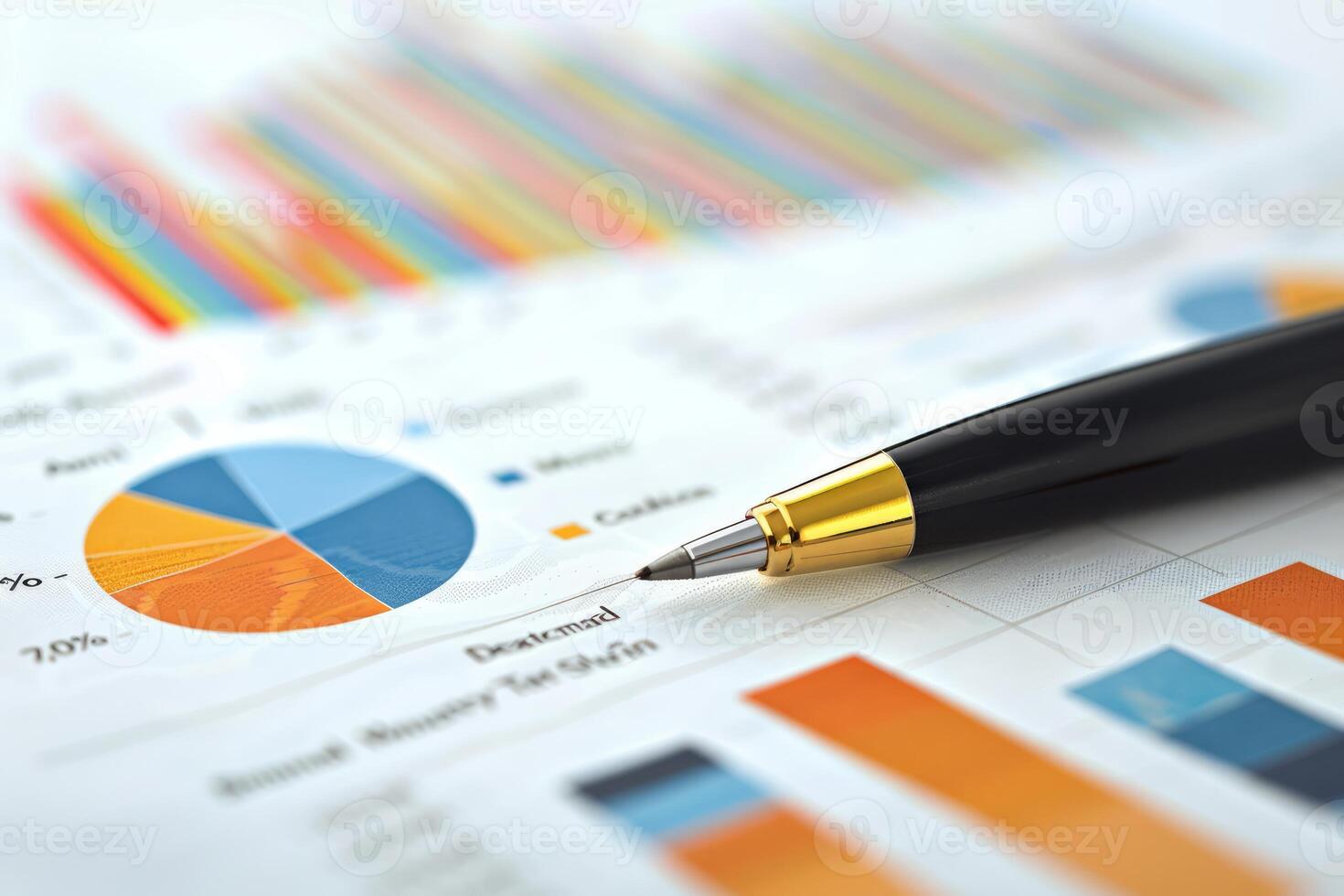 Pen resting on paperwork with colorful charts and graphs showing business information photo