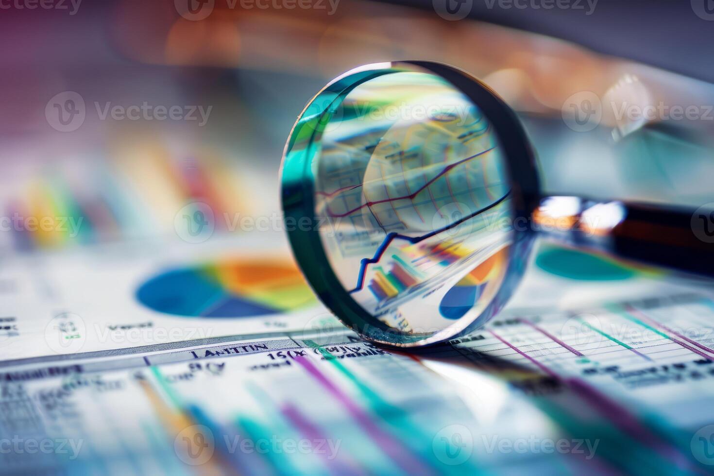 Magnifying glass examining financial charts and graphs for business analysis photo