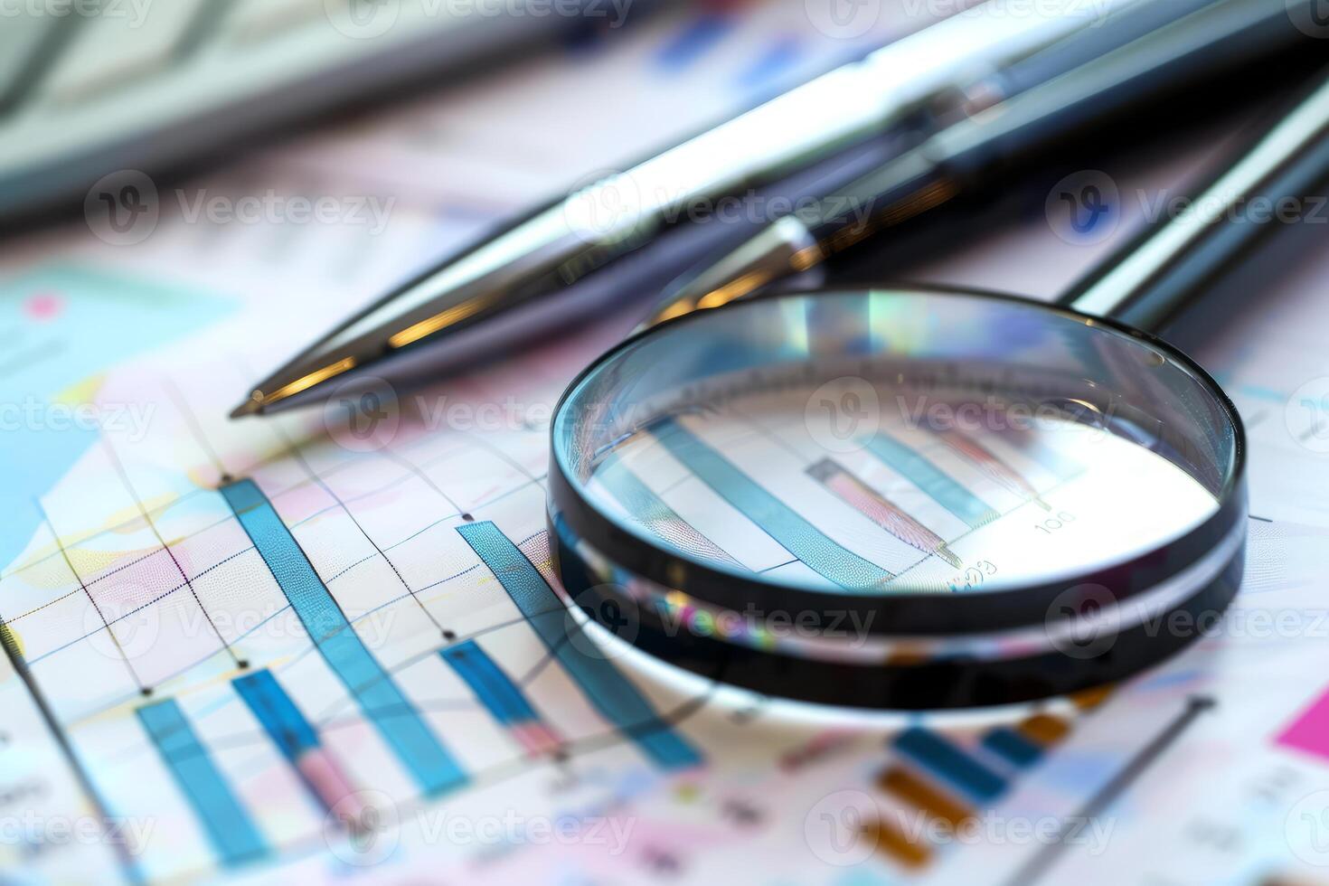 Magnifying glass analyzing financial charts with pens and calculator aside photo