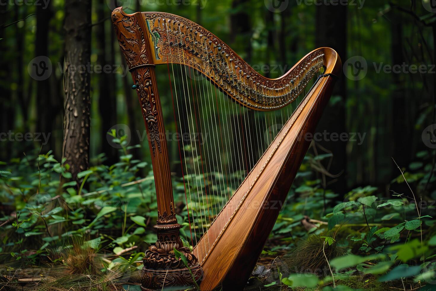 Elegant harp standing in a lush forest setting photo