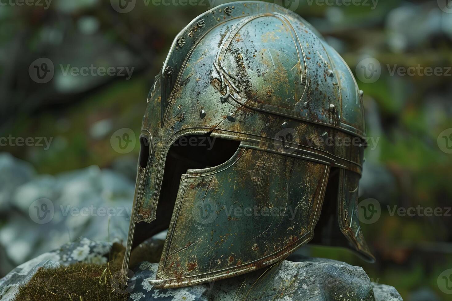 Ancient spartan helmet resting on rocks in nature photo