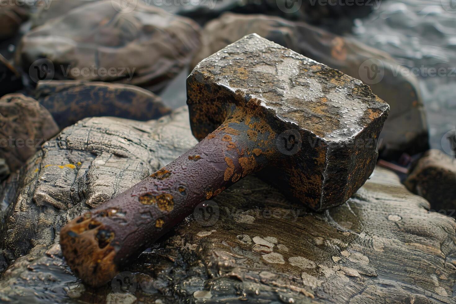 Rusty sledge hammer resting on wet rocks by the ocean photo