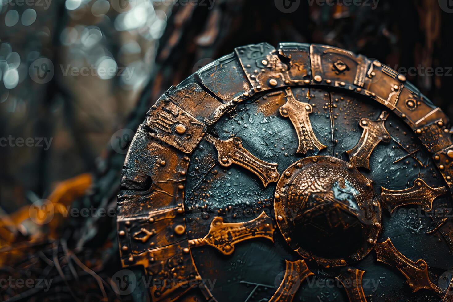 Ancient round shield with metallic ornaments is lying on ground in forest photo