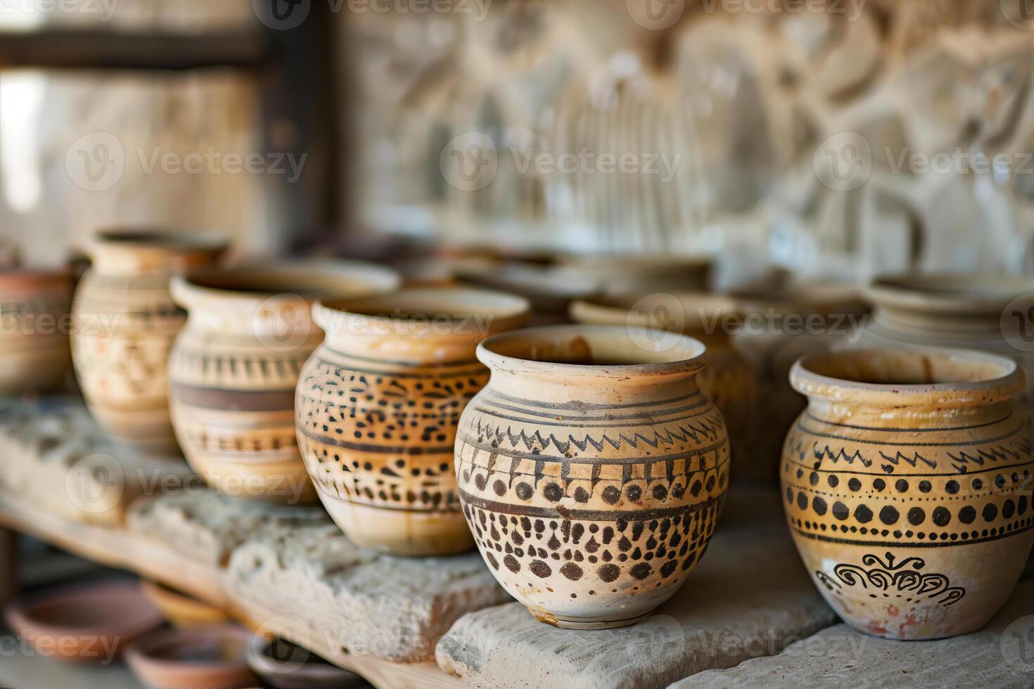 Traditional clay pots drying on wooden shelf in workshop photo