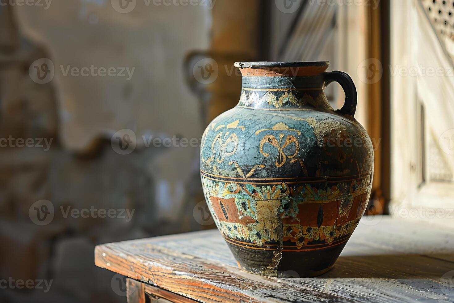 Ancient greek amphora standing on a wooden surface photo