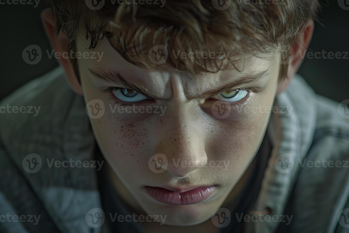 Young boy frowning and expressing anger and frustration photo