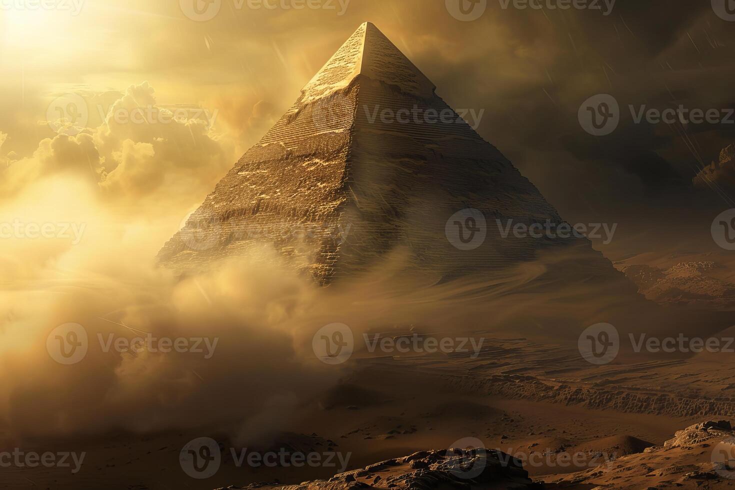 Ancient egyptian pyramid standing in desert during sandstorm photo