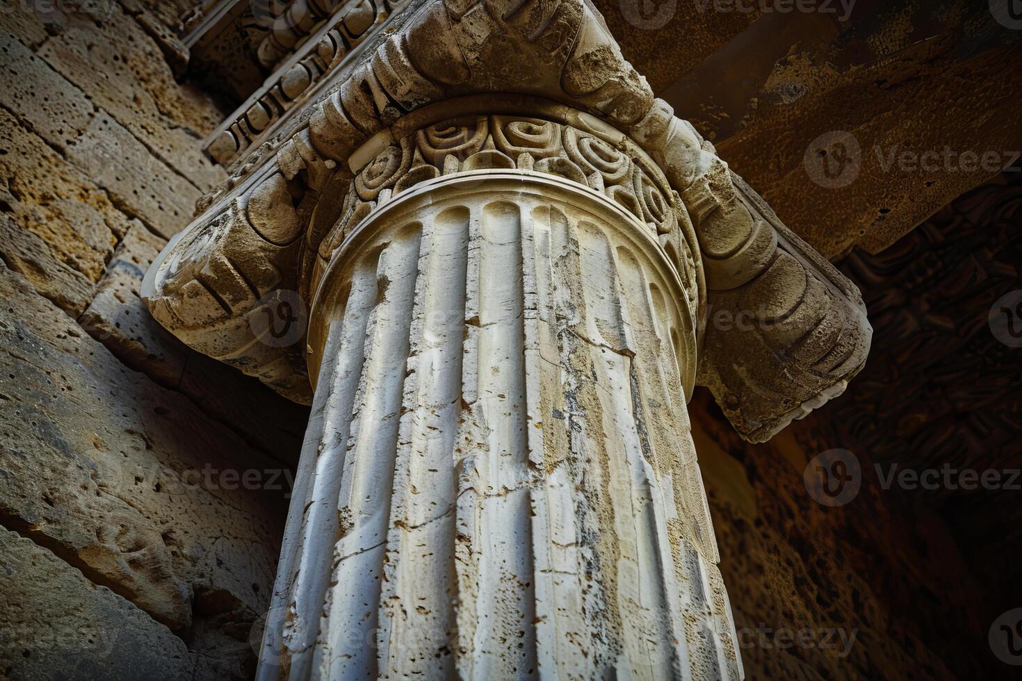 Ancient greek fluted column standing in ruins photo