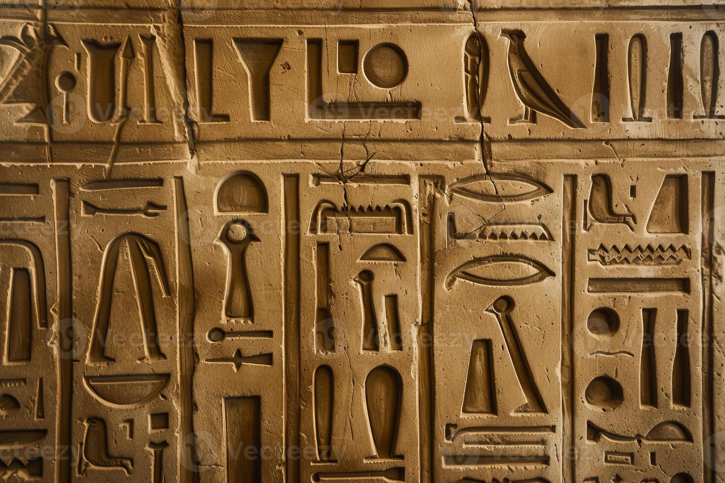 Ancient egyptian hieroglyphs carved in stone wall depicting bird symbols photo