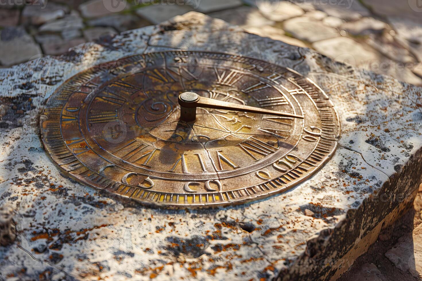 Ancient sundial casting shadow on stone telling time in garden photo