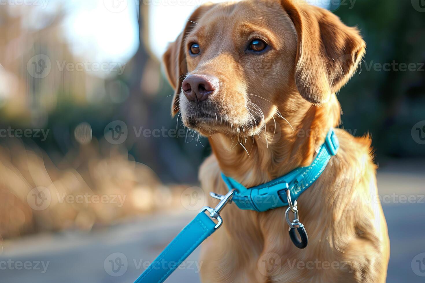 Golden retriever dog wearing blue collar sitting and waiting photo