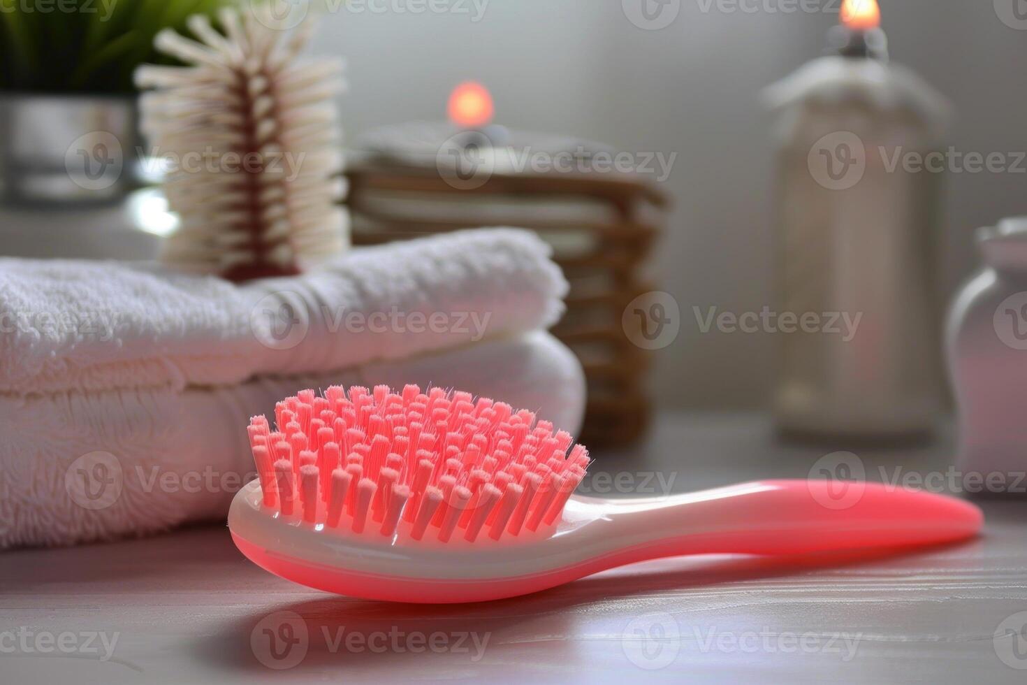 Pink bath brush lying on bathroom counter with towels photo
