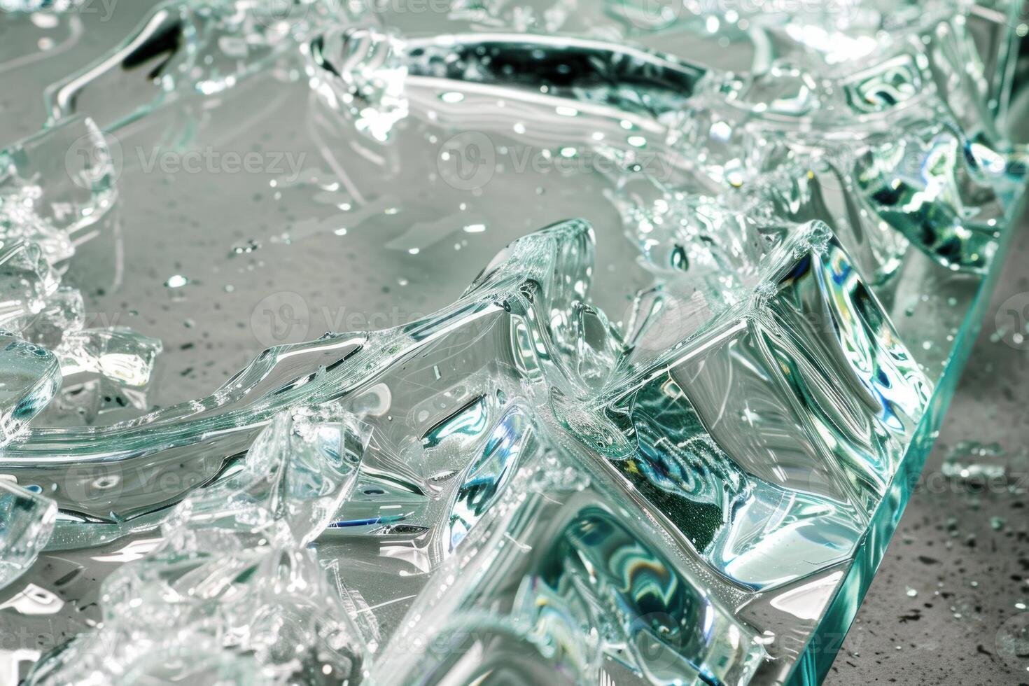 Broken tempered glass sheet presenting different shapes and textures photo