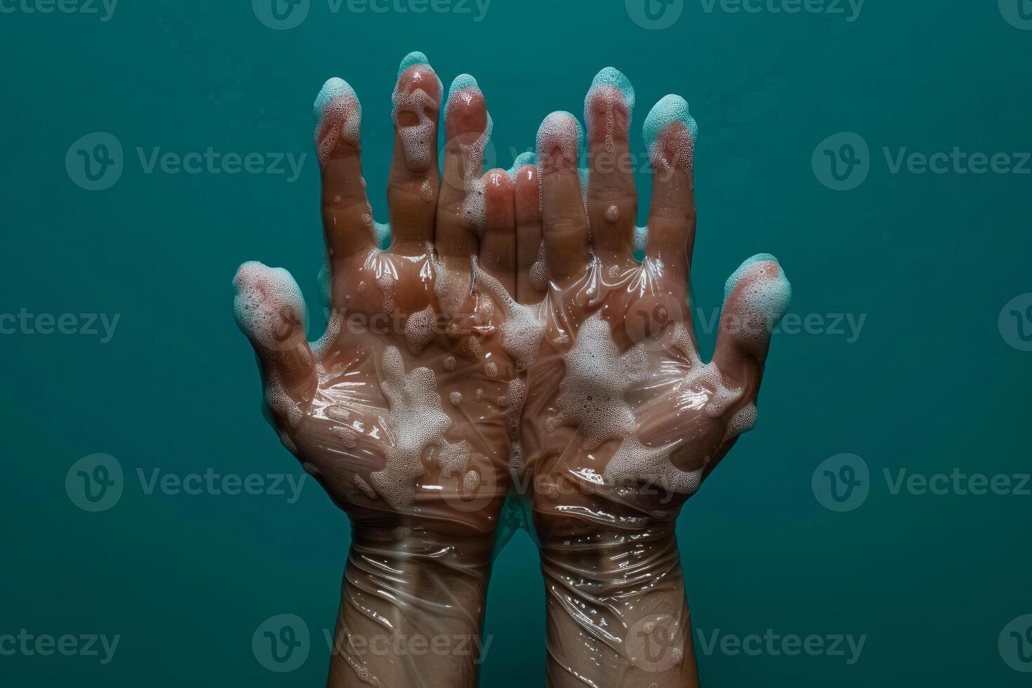 Person washing hands wearing plastic gloves for protection photo