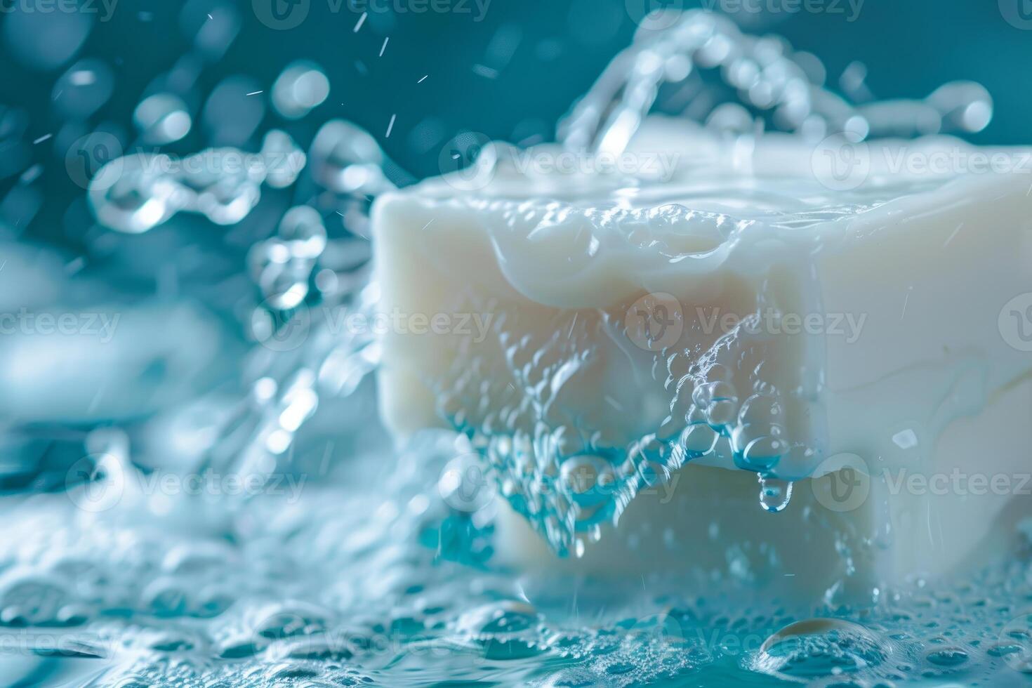White soap bar splashing in water creating bubbles photo