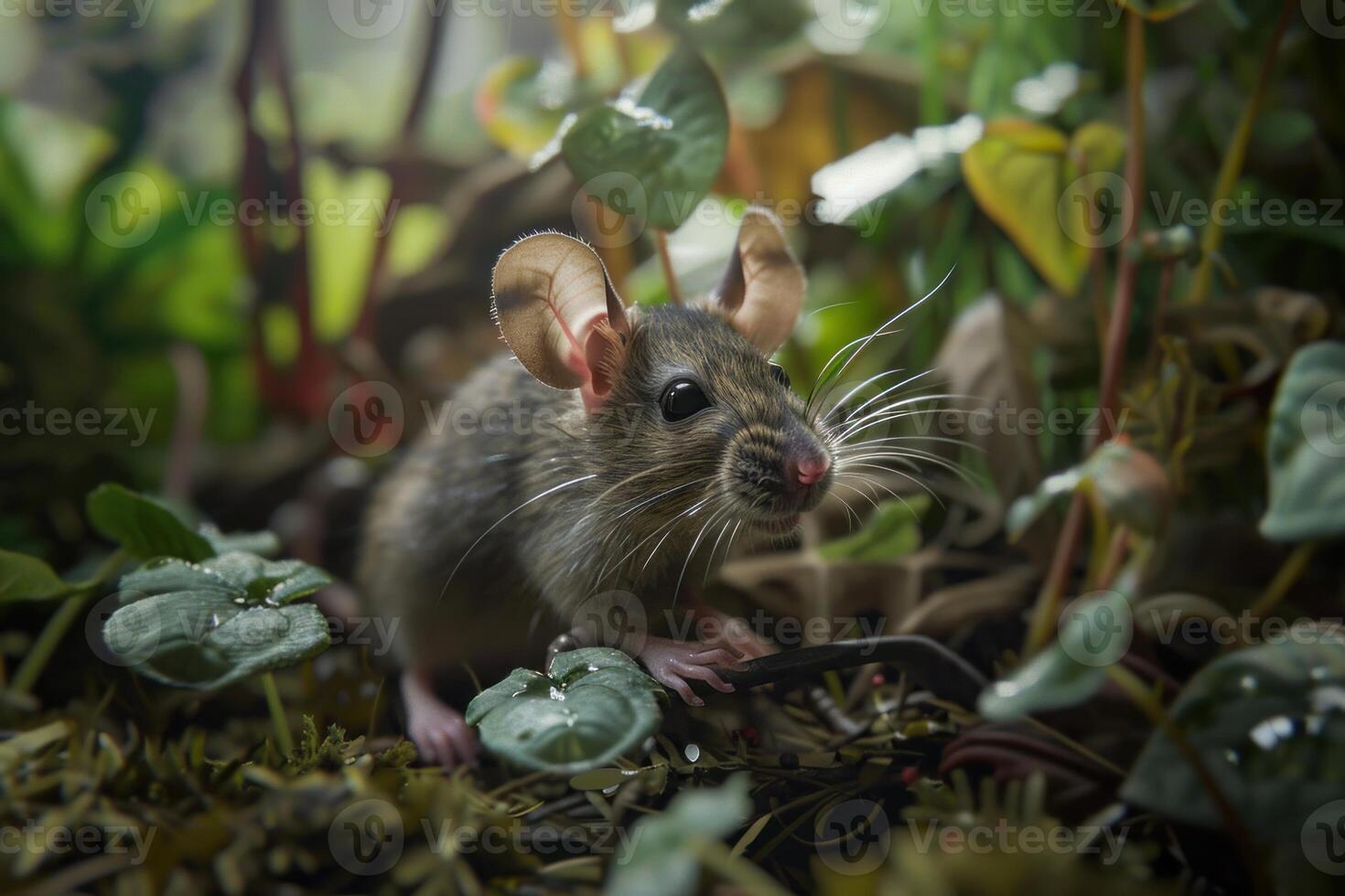 Brown rat is foraging in the undergrowth of a garden photo