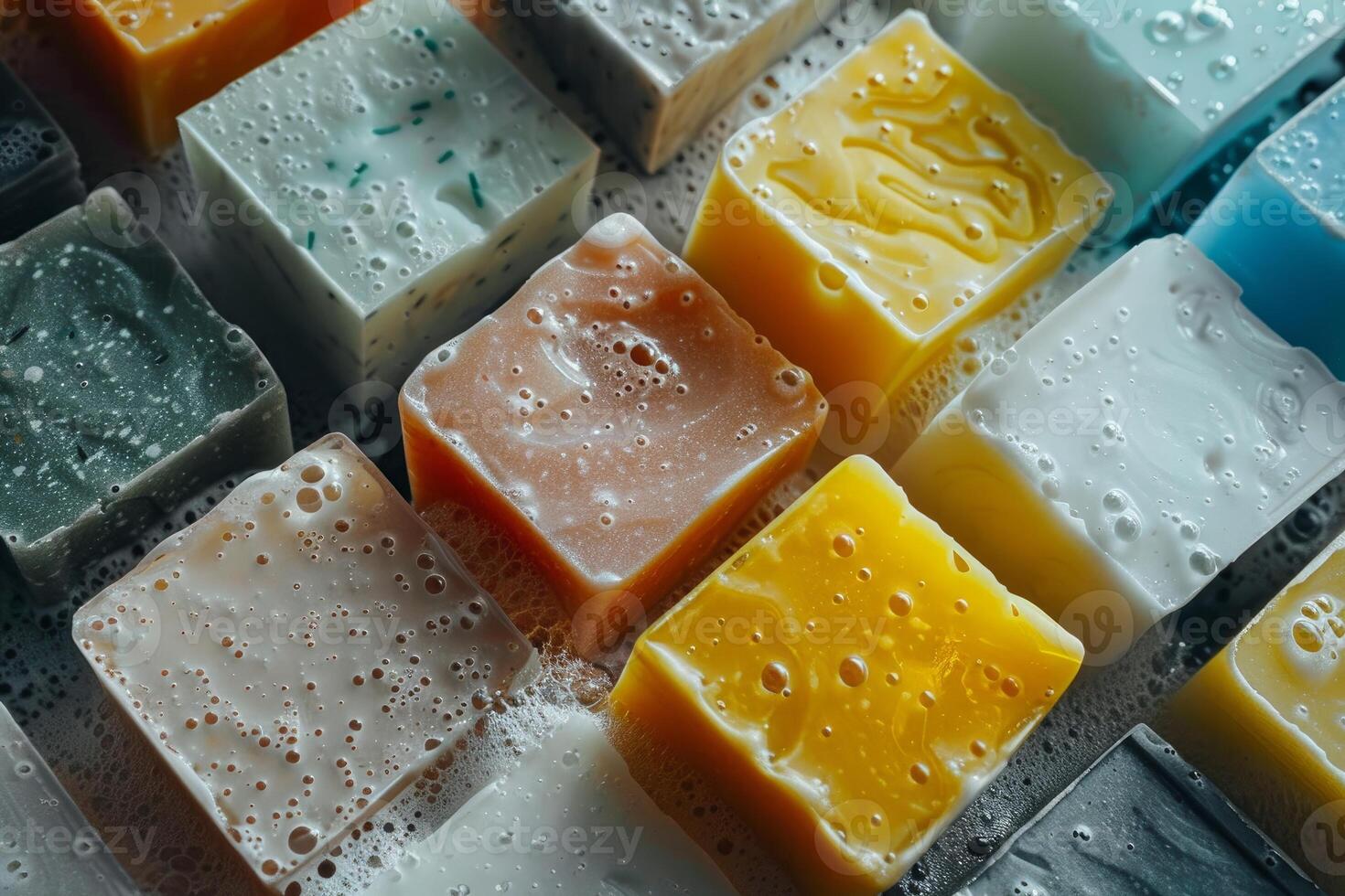 Handmade soap bars soaking in water creating foam bubbles photo