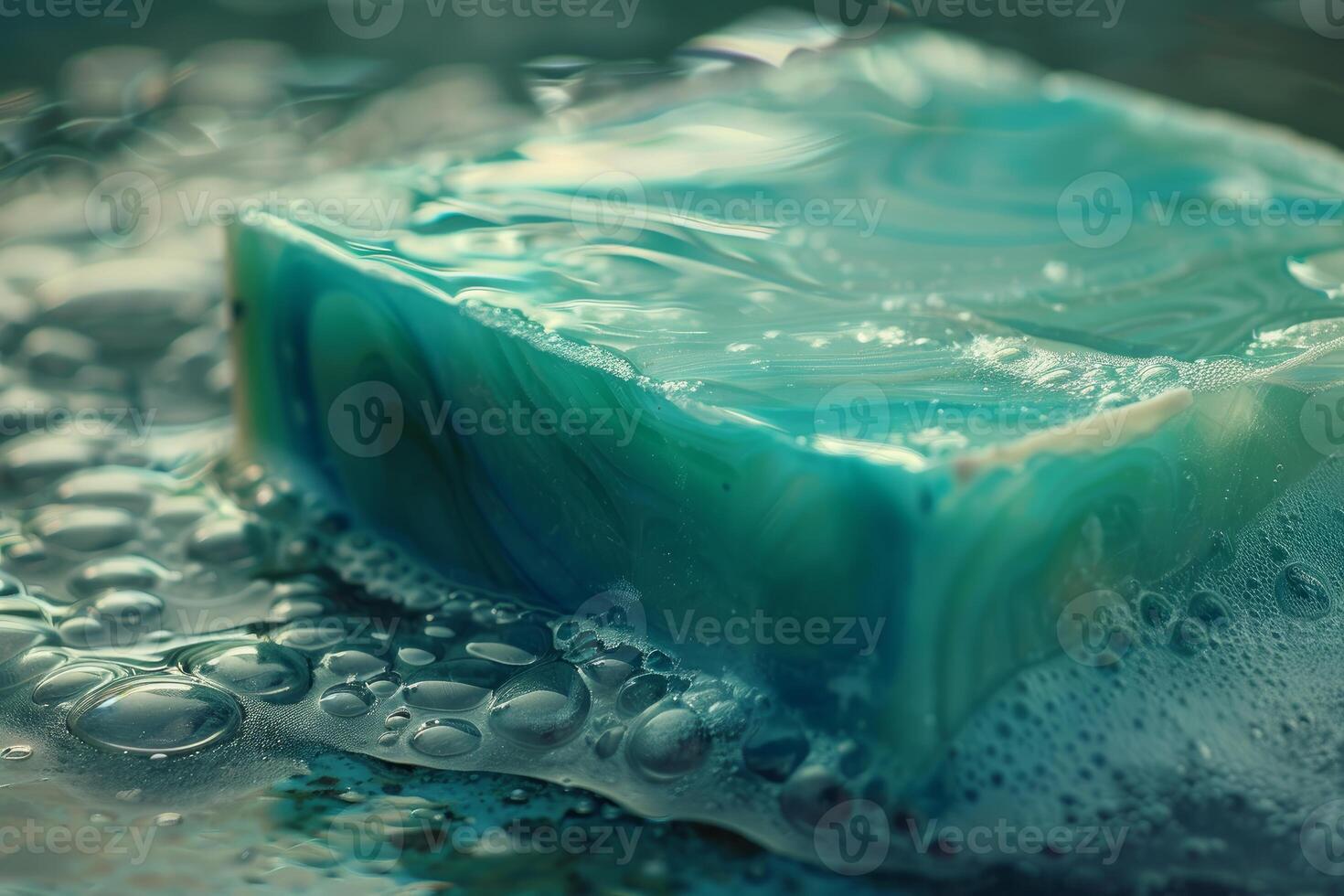 Turquoise handmade soap bar surrounded by bubbles photo