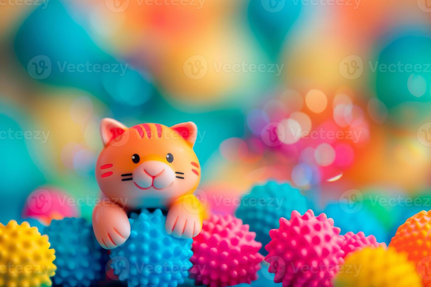 Cute orange toy cat relaxing on blue spiky ball with colorful background photo