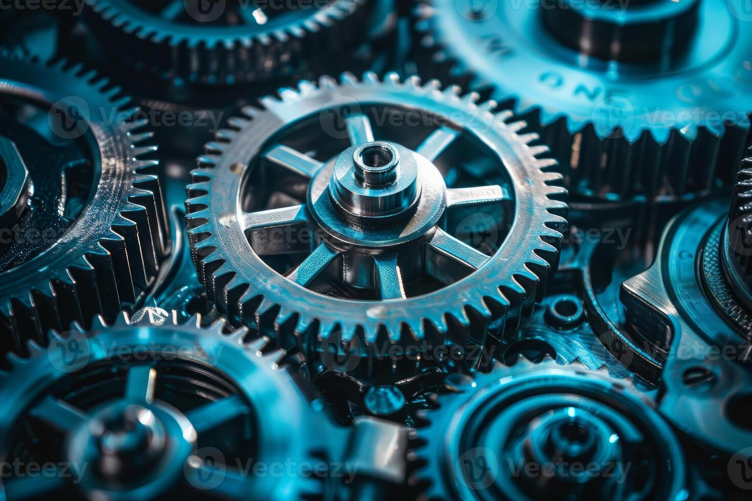 Close up view of complex mechanism with shiny metallic cogwheels working photo