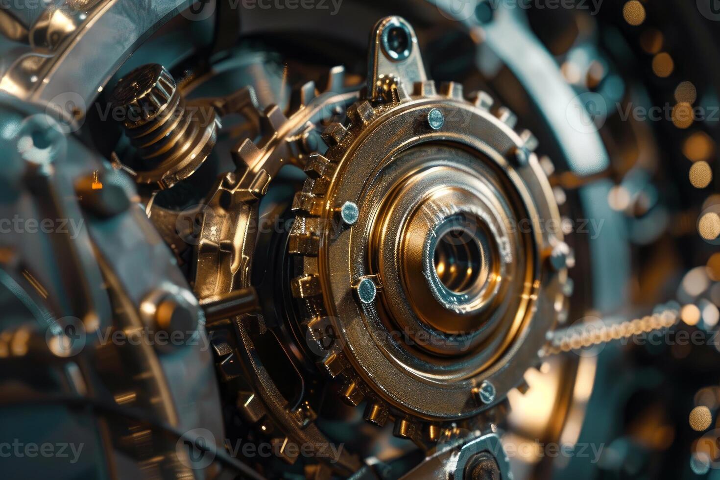 Metallic gears and cogs forming a complex mechanism photo